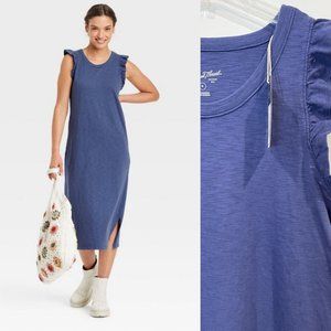 Universal Thread Woman Dress Medium Blue Midi Sleeveless Ruffle Tank Cotton New